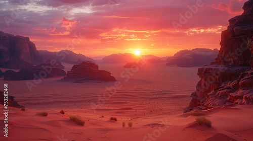 Planet Mars like landscape - Photo of Wadi Rum desert in Jordan with red pink sky above, this location was used as set for many science fiction movies.