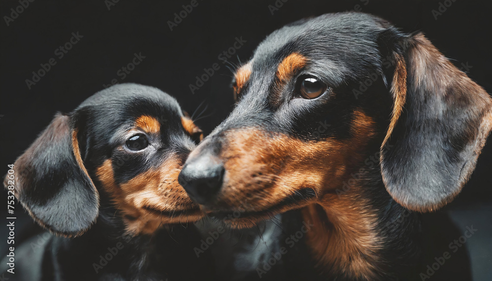 Dachshund dog mother nuzzling her puppy baby dog cute portrait
