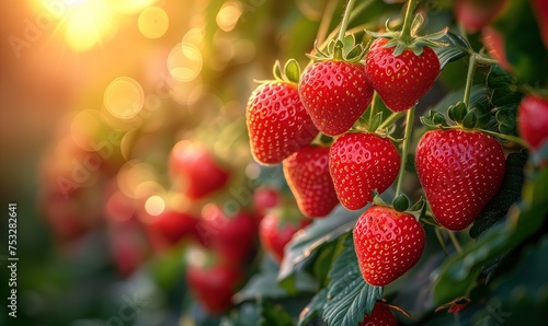 A bunch of red strawberries hanging from a plant