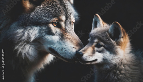 Wolf mother nuzzling her puppy baby wolf cute portrait
