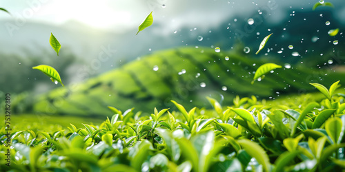 Fresh green tea leaves glisten with dew against a backdrop of a misty  sunlit tea plantation.  