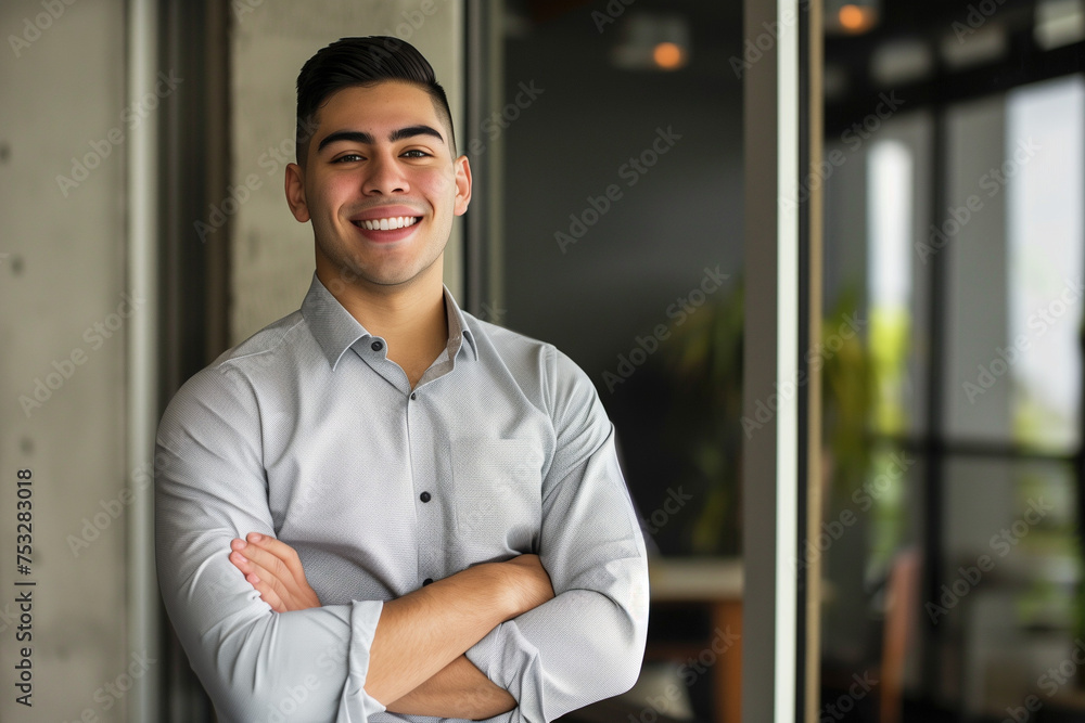 a confident Latin young businessmen stands in his office with his arms crossed, looking directly at the camera for a portrait smiling