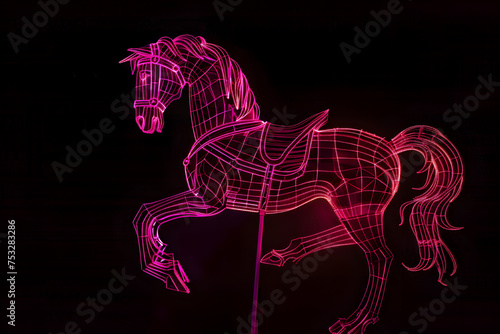 Bright pink neon carousel horse silhouette isotated on black background. © Neon Hub