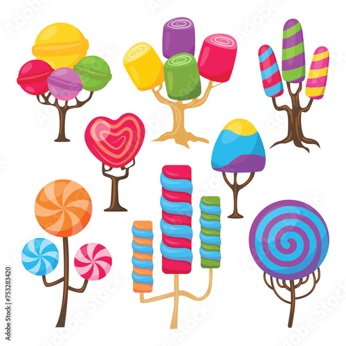 set of lollipops candy tree vector illustration