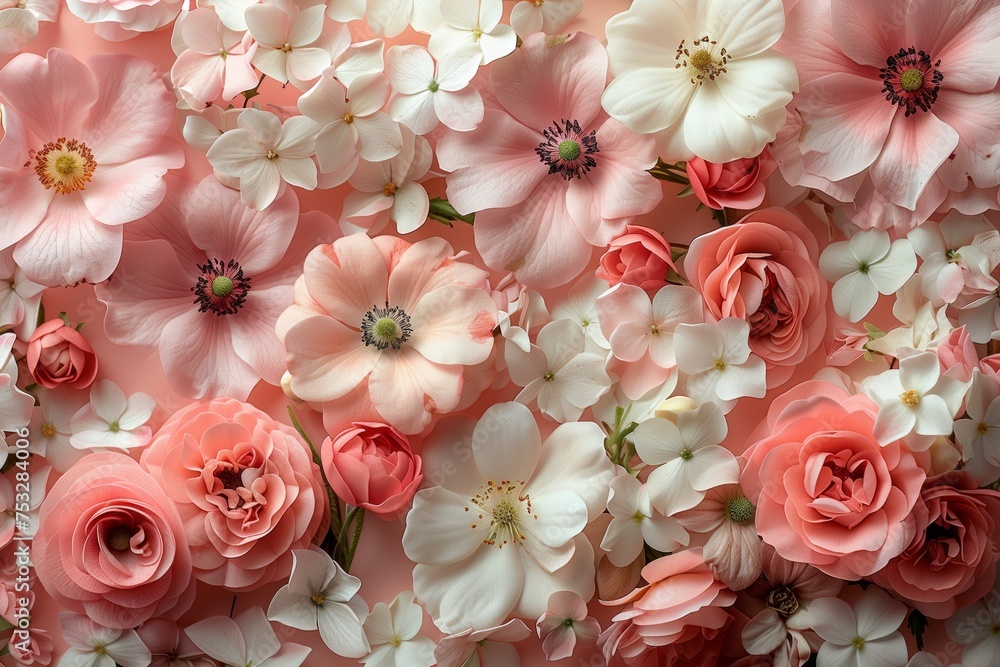 Pink and white flowers creatively arranged on a pink backdrop Pink and white flowers creatively arranged on a pink backdrop