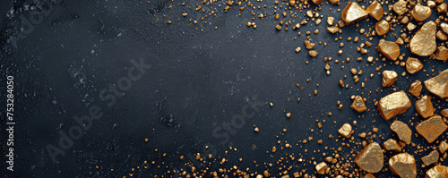 Golden nuggets of varying sizes scattered across a dark, textured surface, conveying a sense of luxury and wealth. 