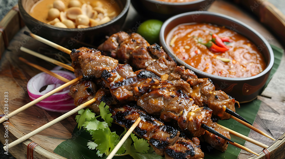 sate spread with skewers of grilled meat served with peanut sauce