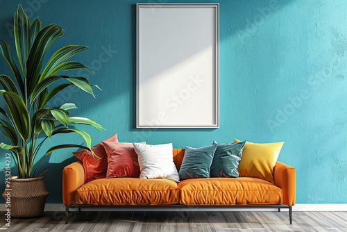 Colored home living room interior couch with decoration, mockup frame