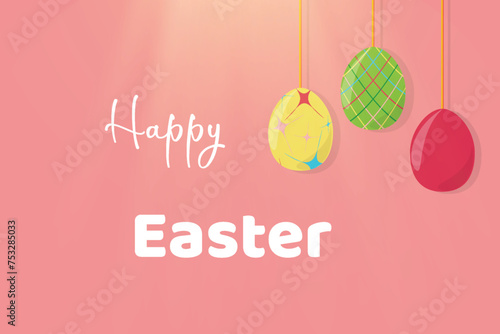 Colored Easter eggs on pink background hang like garland Text Happy Easter Spring holiday concept Sun shine effect Greeting card
