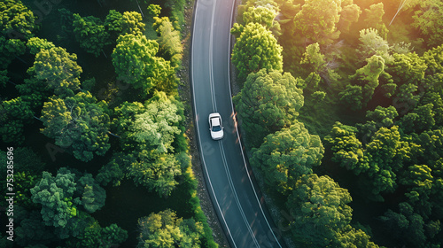 Aerial view captures a modern car navigating a winding, narrow road, flanked by spring green trees along the roadside © Firuz