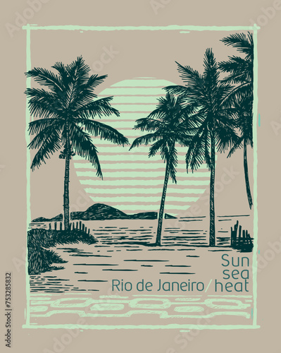Handmade vector illustration of a beach landscape in the city of Rio de Janeiro. Art in simple lines for prints, decoration, etc.