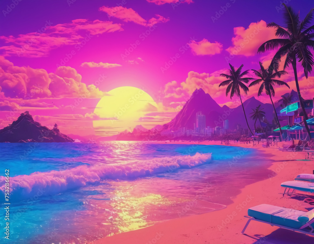 sunset on the beach with palm trees, vaporwave