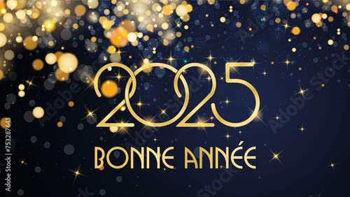 carte ou bandeau pour souhaiter une bonne année 2025 en or sur fond bleu avec en haut à gauche des ronds et des paillettes de couleur or en effet bokeh  photo