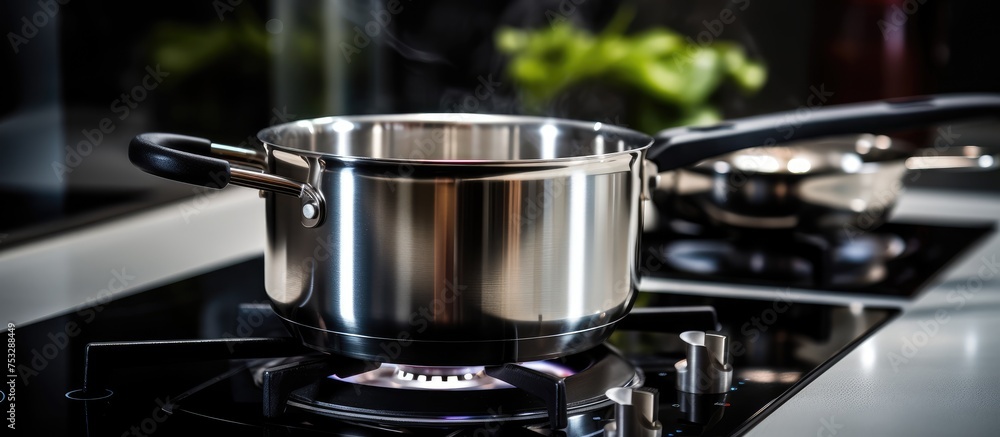 Close up of metal pot on induction stove in modern kitchen Close up of metal pot on induction stove in modern kitchen