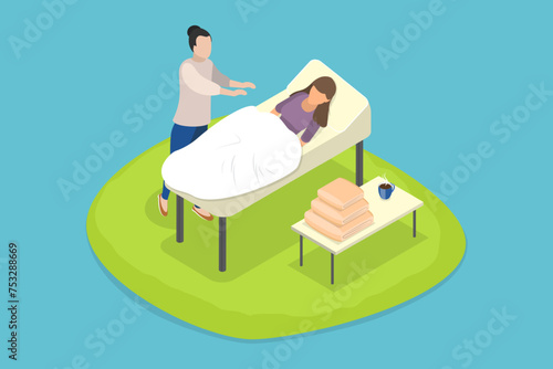 3D Isometric Flat Vector Illustration of Reiki Treatment, Health Care and Wellness