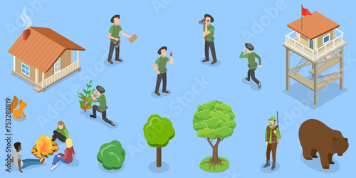 3D Isometric Flat Vector Set of Forest Guard Characters, Ranger Keepers of Park Resources