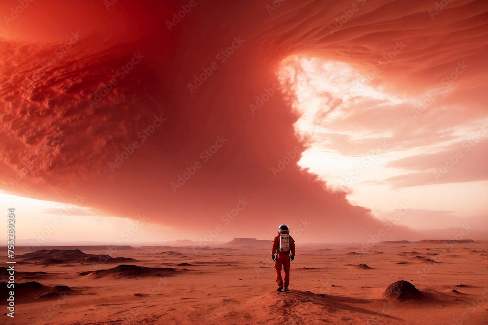 Astronaut observing the coming  sand storm on alien planet