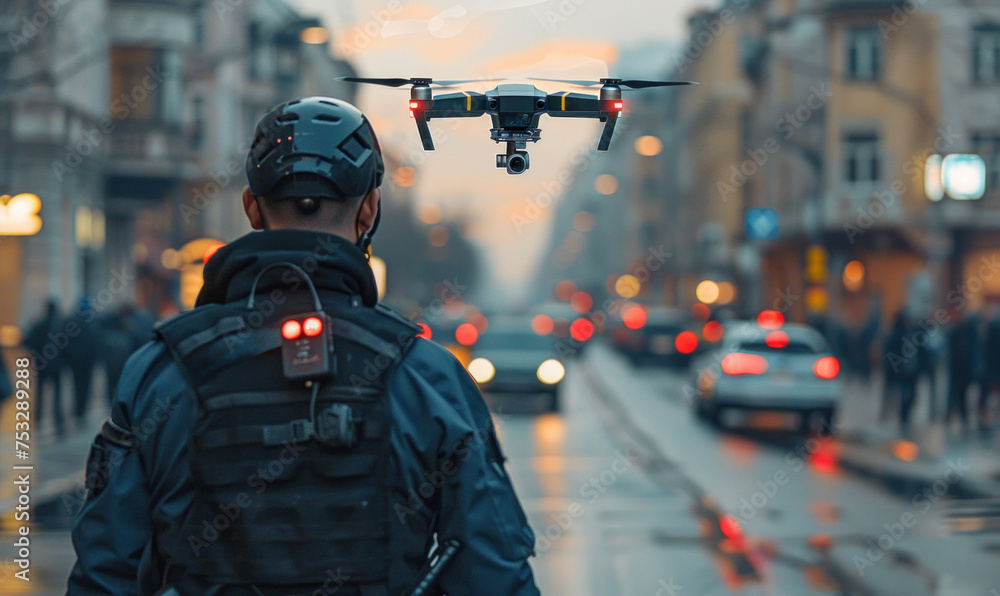 Police drone hovering over a mass of people for surveillance purposes Police drone hovering over a mass of people for surveillance purposes