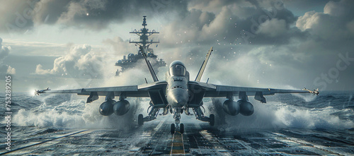 Panoramic view of a military aircraft carrier with jets taking off during a special operation. Wide poster