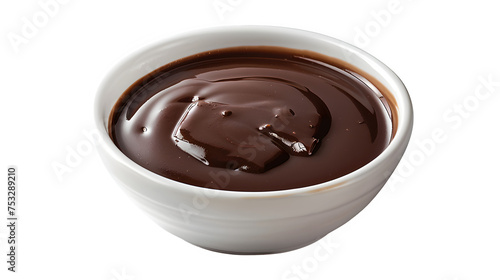 Glossy dark chocolate ganache in white bowl on transparent background