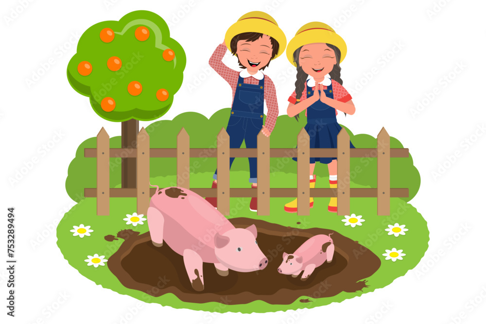 Fototapeta premium Flat Vector Illustration of Happy Little Farmers, Kids Working in Farm