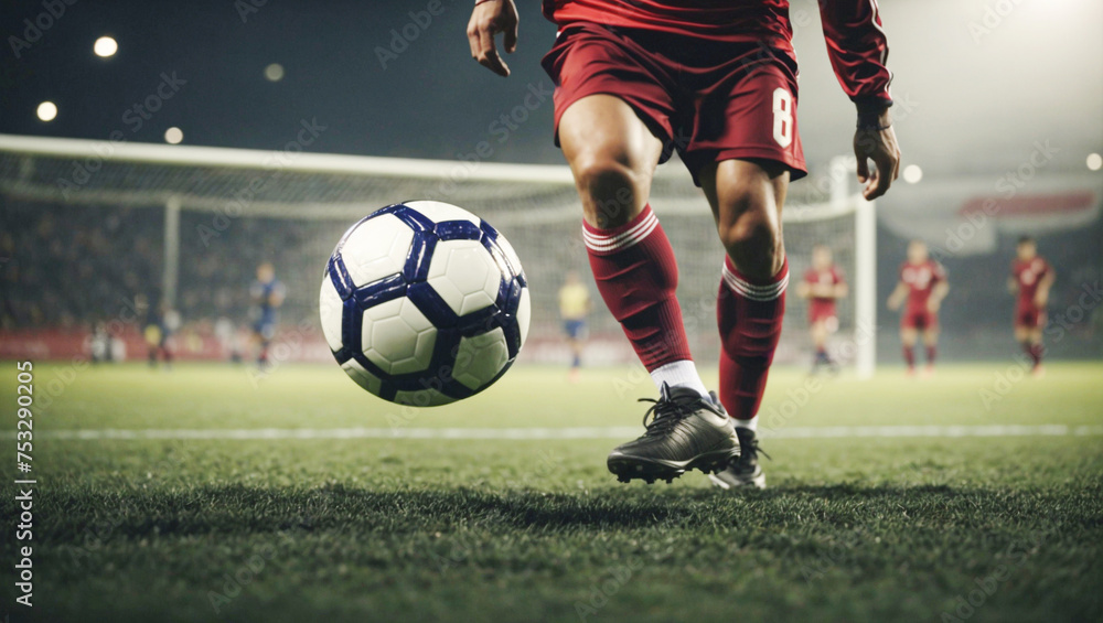 Close-up of a soccer player dressed in red ready to kick a ball. Professional night soccer game. Sporting events.