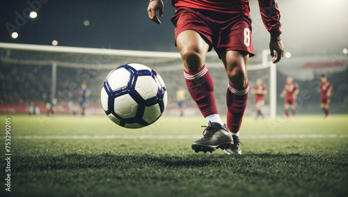 Close-up of a soccer player dressed in red ready to kick a ball. Professional night soccer game. Sporting events.
