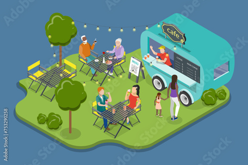 3D Isometric Flat Vector Illustration of Street Food Restaurant, Summer Public Entertainment Party