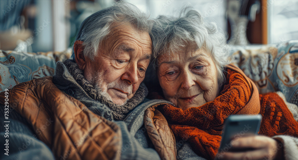 Happy senior couple relaxing on couch with smartphone, conveying warmth and comfort. Happy senior couple relaxing on couch with smartphone, conveying warmth and comfort.