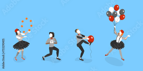 3D Isometric Flat Vector Set of Mime Characters, Pantomime Techniques