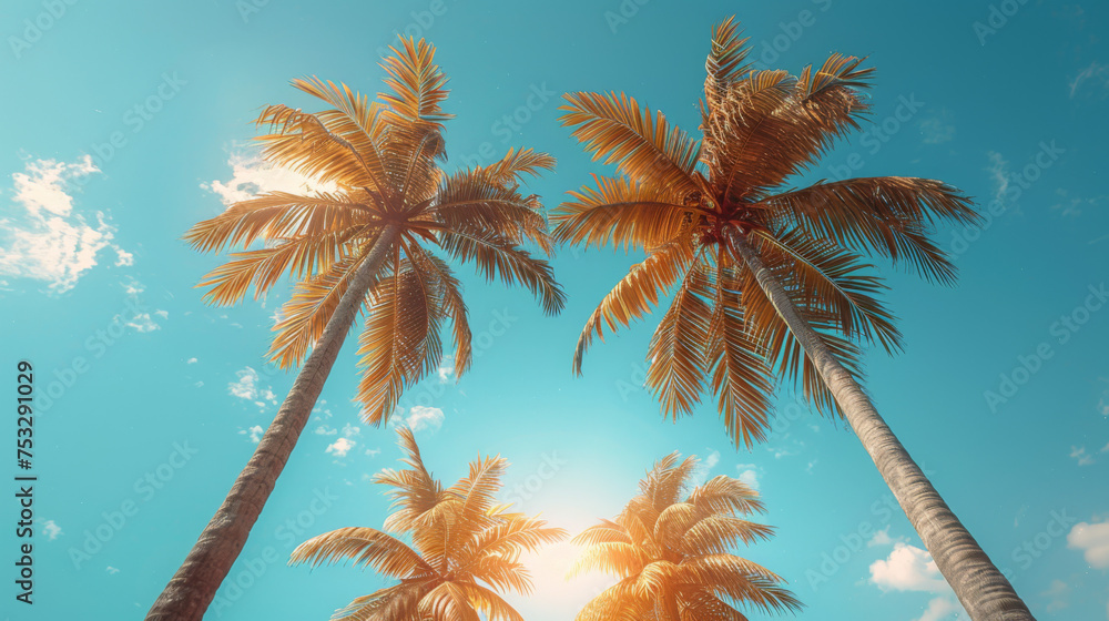 Palm trees against blue sky, Palm trees at tropical coast, vintage toned and stylized, coconut tree,summer tree ,retro.