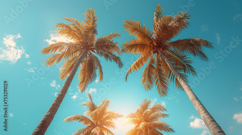 Palm trees against blue sky, Palm trees at tropical coast, vintage toned and stylized, coconut tree,summer tree ,retro. © Matthew