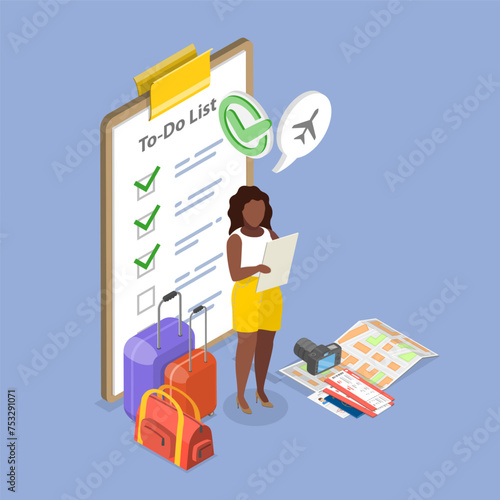 3D Isometric Flat Vector Illustration of Packing List, Travel Checklist
