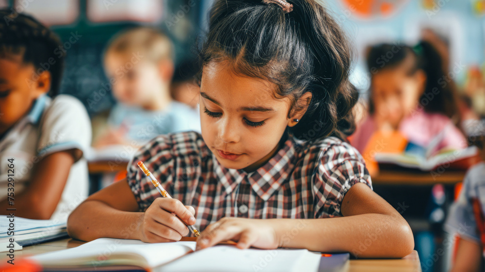 Focused classroom scene with students deeply engaged in learning, ideal for educational themes.
Focused classroom scene with students deeply engaged in learning, ideal for educational themes.