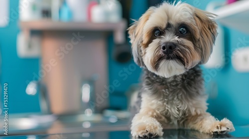 Cute puppy dog in professional groomer salon or waiting for checkup in veterinary clinic