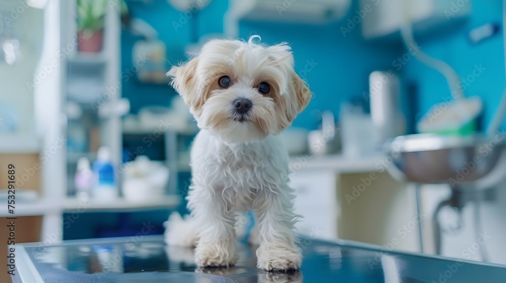 Cute puppy dog in professional groomer salon or waiting for checkup in veterinary clinic Cute puppy dog in professional groomer salon or waiting for checkup in veterinary clinic
