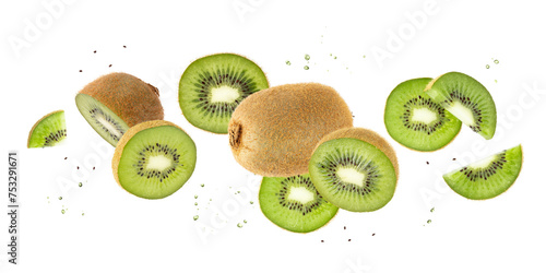Fresh ripe kiwi green fruit whole and slices with drops falling flying isolated on white background. photo