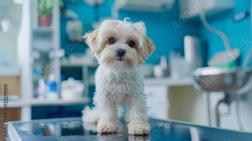Cute puppy dog in professional groomer salon or waiting for checkup in veterinary clinic