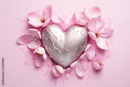 Silver heart with pink flowers  on a pink background, flat lay