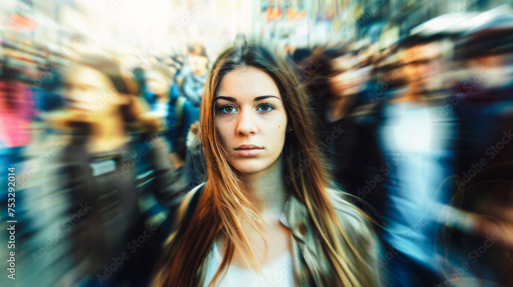A young woman amidst the hustle and bustle of the city, depicting the stress and pressures of modern life A young woman amidst the hustle and bustle of the city, depicting the stress and pressures of modern life