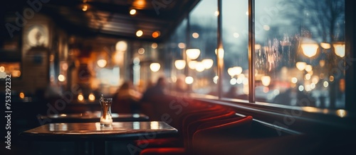 Blurry nighttime image of a Cafe or Restaurant with bokeh lights
