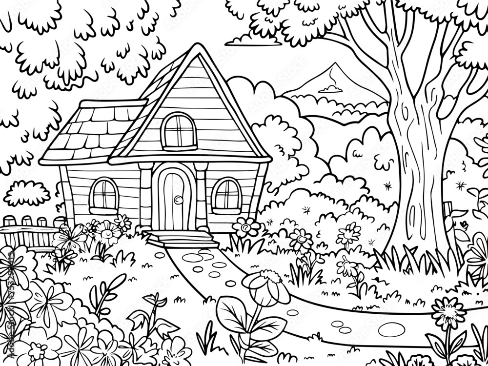 Coloring book, children, house in the forest, yard, lawn and flowers. Vector, generative ai.