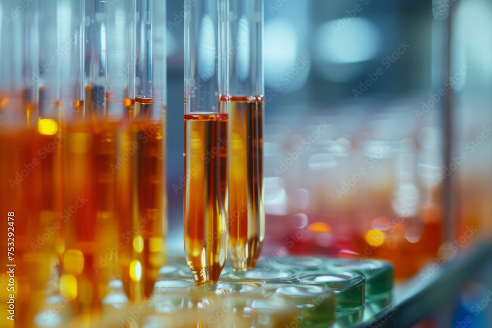 Medical test tubes with liquid in the laboratory. Concept of medical or science laboratory. Generative AI Medical test tubes with liquid in the laboratory. Concept of medical or science laboratory. Generative AI