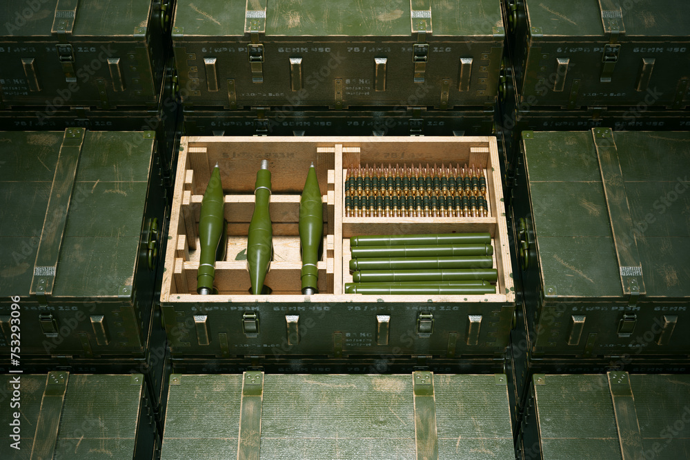 Overhead View of Neatly Organized Military Ammunition in Storage Boxes