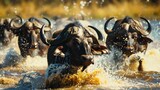 Close up image of a group of african buffalos running through the water in the savanna during a safari
