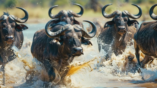 Close up image of a group of african buffalos running through the water in the savanna during a safari 