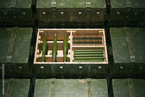 Obraz na płótnie Overhead View of Neatly Organized Military Ammunition in Storage Boxes w salonie