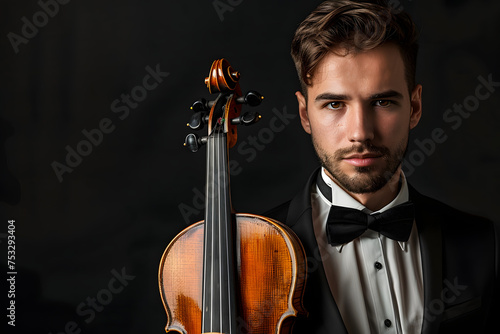 Serious classical musician with a violin, dedication to art, elegant black background 