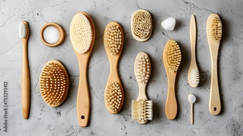 Close-up of wooden dry skin body brushes, bamboo tooth brushes, hair brushes, nail brush, cotton swabs and pads on concrete background, top view. Spa at home, flat lay. Zero waste concept. Knolling co photo