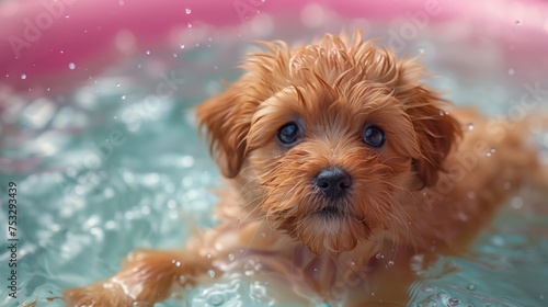Close-up a cute puppy swimming in the pink water. Generated by artificial intelligence.  © Ailee Tian
